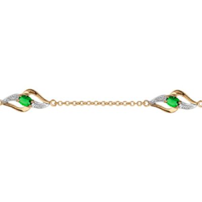 Bracelet en plaqué or chaîne avec 3 motifs 2 brins torsadés dont 1 lisse et l'autre orné d'oxydes blancs et 1 oxyde vert au milieu - longueur 16cm + 3cm de rallonge