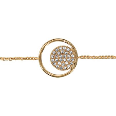 Bracelet en plaqué or chaîne avec au milieu 1 anneau et 1 rond pavé d'oxydes blancs à l'intérieur - longueur 16cm + 2cm de rallonge