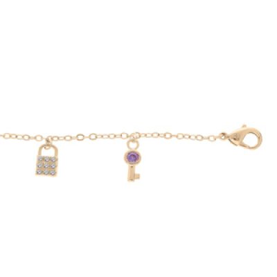 Bracelet en plaqué or chaîne avec pampilles cadenas et clefs avec oxydes multicouleur 16+3cm