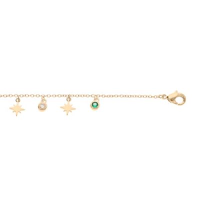 Bracelet en plaqué or chaîne avec pampilles étoiles et oxydes verts bleus et blancs sertis 17+2