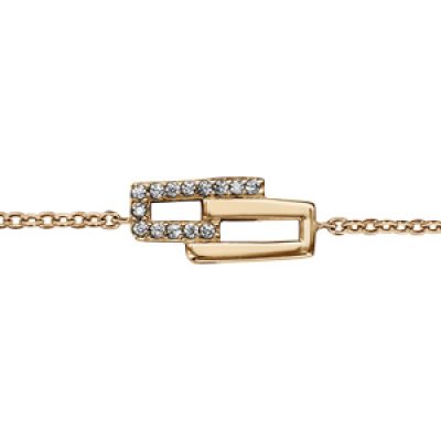 Bracelet en plaqué or chaîne avec 2 rectangles ouverts imbriqués dont 1 orné d'oxydes blancs sertis et l'autre lisse au milieu - longueur 16cm + 2cm de rallonge