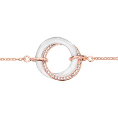 Bracelet en plaqué or rose avec au milieu 2 anneaux entremêlés 1 en céramique blanche et l'autre orné d'oxydes blancs sertis - longueur 16cm + 3cm de rallonge
