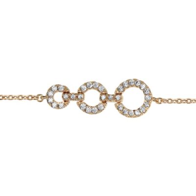 Bracelet en plaqué or chaîne avec au milieu 3 anneaux de taille différente ornés d'oxydes blancs sertis - longueur 16cm + 2cm de rallonge