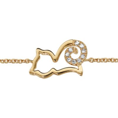 Bracelet en plaqué or chaîne avec chat ajouré stylisé avec queue ornée d'oxydes blancs - longueur 16cm + 2cm de rallonge