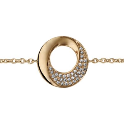 Bracelet en plaqué or chaîne avec au milieu 1 cercle avec 1 moitié lisse et l'autre moitié pavée d'oxydes blancs - longueur 16cm + 2cm de rallonge
