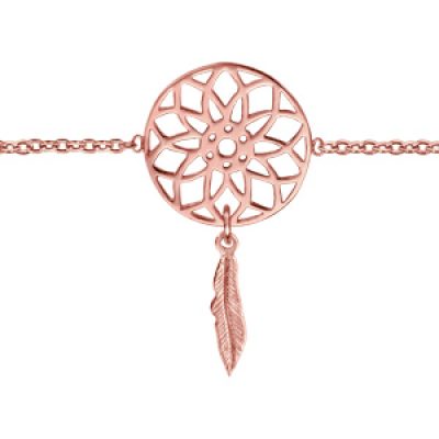 Bracelet en plaqué or rose chaîne avec 1 attrape rêve avec 1 plume suspendue au milieu - longueur 16cm + 2cm de rallonge