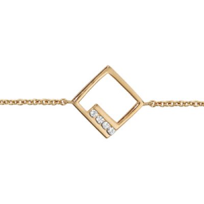 Bracelet en plaqué or chaîne avec au milieu carré ajouré et oxydes blancs sertis - longueur 16cm + 2cm de rallonge