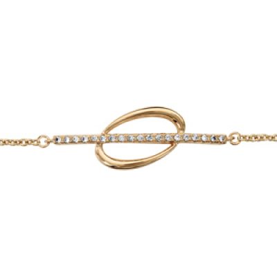 Bracelet en plaqué or chaîne avec au milieu 1 rail d'oxydes blancs superposé sur 1 ovale lisse et évidé - longueur 16cm + 2cm de rallonge