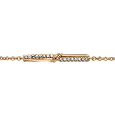 Bracelet en plaqué or chaîne avec au milieu 2 demi-rails d'oxydes blancs sertis en décalé avec partie lisse et 2 petits traits au croisement - longueur 16cm + 2cm de rallonge