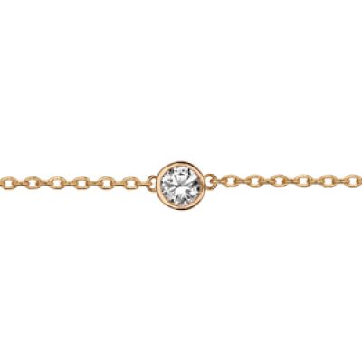 Bracelet en plaqué or chaîne avec au milieu 1 oxyde blanc de 5mm serti clos - longueur 18cm réglable 16cm