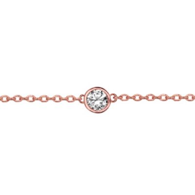 Bracelet en plaqué or rose chaîne avec au milieu 1 oxyde blanc de 5mm serti clos - longueur 18cm réglable 16cm