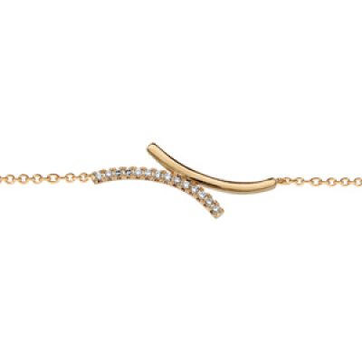 Bracelet en plaqué or chaîne avec au milieu 2 courbes collées dont 1 lisse et l'autre ornée d'oxydes blancs - longueur 16cm + 2cm de rallonge