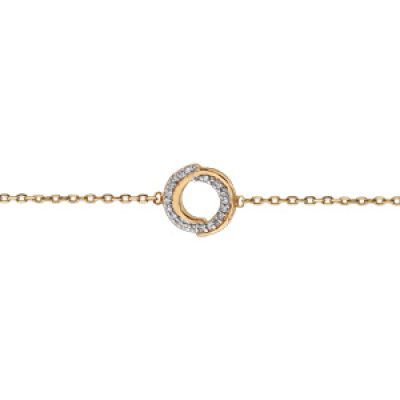 Bracelet en plaqué or chaîne 2 cercles entremêlés lisse et oxydes blancs sertis 16cm + 2cm