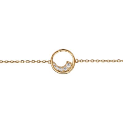 Bracelet en plaqué or chaîne avec cercle évidé orné d'un demi-rail d'oxydes blancs sertis 16cm + 2cm