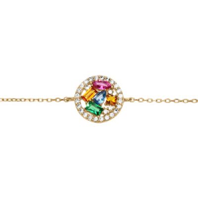Bracelet en plaqué or chaîne avec rond contour oxydes blancs et pierres multi couleurs 16+3cm