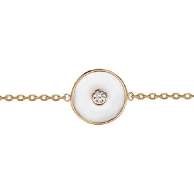 Bracelet en plaqué or chaîne avec rond résine blanche et 1 oxyde blanc serti clos 16cm + 2cm