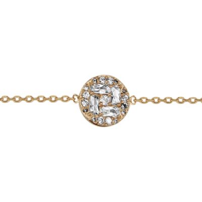 Bracelet en plaqué or chaîne avec rond pavé d'oxydes blancs sertis 16cm + 2cm