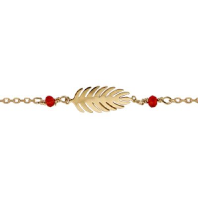 Bracelet en plaqué or chaîne avec feuille 2 boules rouge 16cm + 2cm