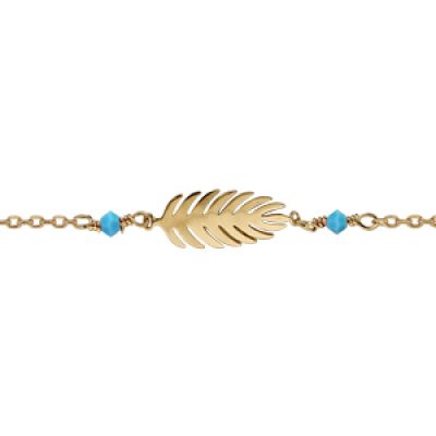 Bracelet en plaqué or chaîne avec feuille 2 boules turquoise 16cm + 2cm