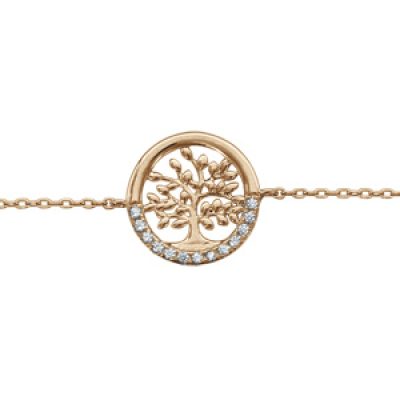 Bracelet en plaqué or chaîne avec arbre de vie cerclé et oxydes blancs sertis - longueur 16+3cm
