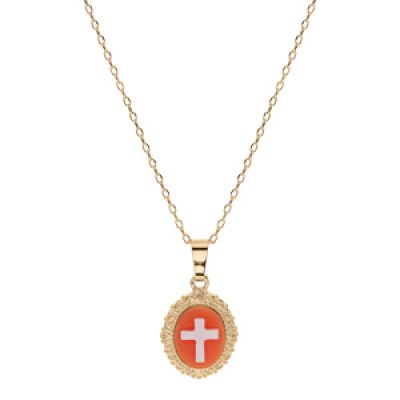 Collier en plaqué or chaîne avec pendentif Camée motif croix sur fond rose 40+5cm