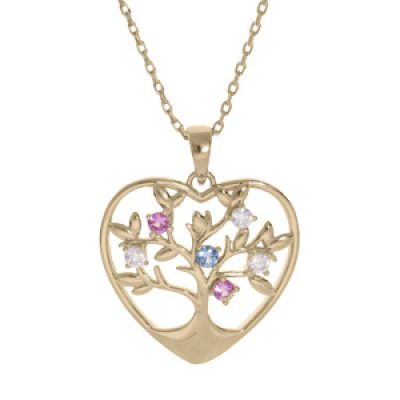 Collier en plaqué or chaîne avec pendentif forme coeur avec arbre de vie et oxydes couleurs 39+5cm