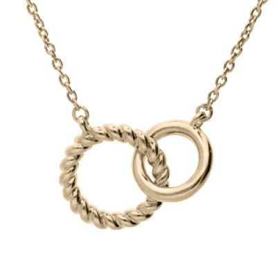 Collier en plaqué or chaîne avec pendentif double anneaux entremelés lisse et torsade 40+4cm