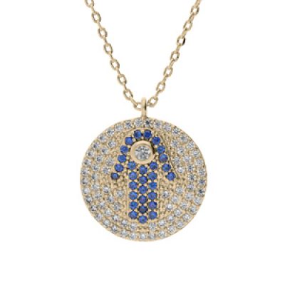 Collier en plaqué or chaîne avec pendentif rond motif main de Fatma et oxydes blancs et bleus 40+5cm
