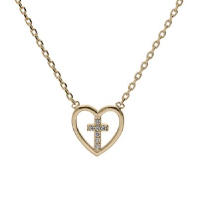 Collier en plaqué or chaîne avec pendentif coeur avec croix oxydes blancs sertis 38+4cm
