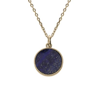 Collier en plaqué or chaîne avec médaille ciselée et Lapis Lazuli véritable 38+4cm