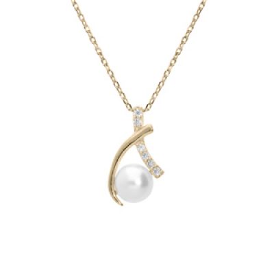 Collier en plaqué or chaîne avec pendentif Perle de culture d'eau douce blanche et oxydes blancs sertis 42+3cm