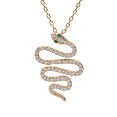Collier en plaqué or chaîne avec pendenti serpent pavé d'oxydes blancs et yeux verts 40+5cm