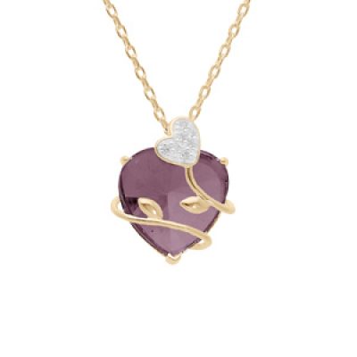 Collier en plaqué or chaîne avec pendentif coeur oxyde violet motif volute 42+3cm