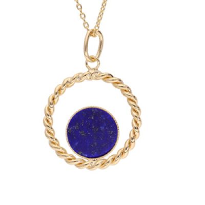 Collier en plaqué or chaîne avec pendentif anneau 20mm torsadé et Lapis Lazuli véritable 38+5cm