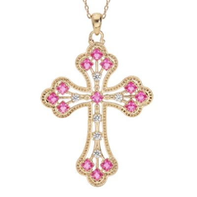 Collier en plaqué or chaîne avec pendentif croix empierrée rose 40+5cm