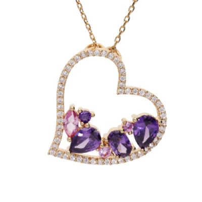 Collier en plaqué or chaîne avec pendentif coeur oxydes violets et roses contour oxydes blancs 40+5cm