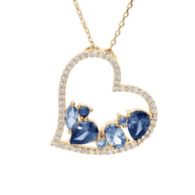 Collier en plaqué or chaîne avec pendentif coeur oxydes bleus contour oxydes blancs 40+5cm