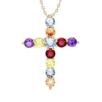 Collier en plaqué or chaîne avec pendentif croix empierré rond multicolore 40+5cm