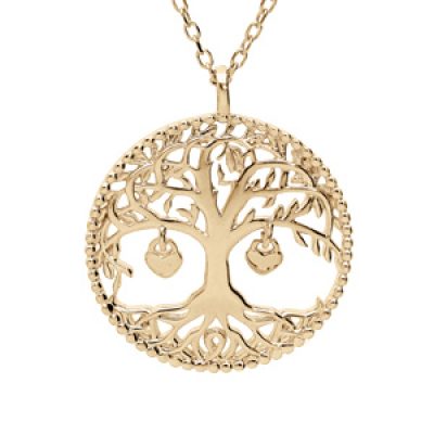 Collier en plaqué or chaîne avec pendentif arbre de vie et pampilles 2 coeurs doré (couple famille) 44cm réglable 42 et 40