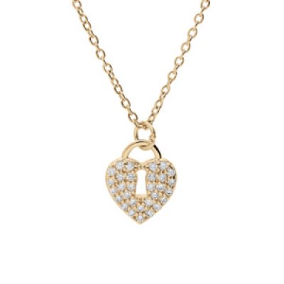 Collier en plaqué or chaîne avec pendentif cadenas coeur pavé oxydes blancs 42+3cm