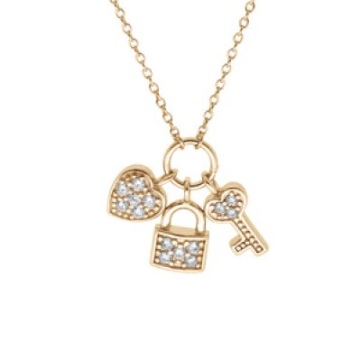 Collier en plaqué or chaîne avec pendentifs breloques cadenas coeur clefs et oxydes blancs 42+3cm