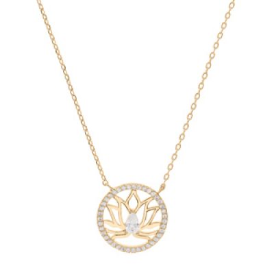 Collier en plaqué or chaîne avec pendentif rond cerclé d'oxydes blancs sertis et fleur de lotus 39+4cm