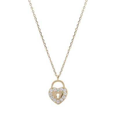 Collier en plaqué or chaîne avec pendentif coeur et cadenas oxydes blancs sertis 40+3cm
