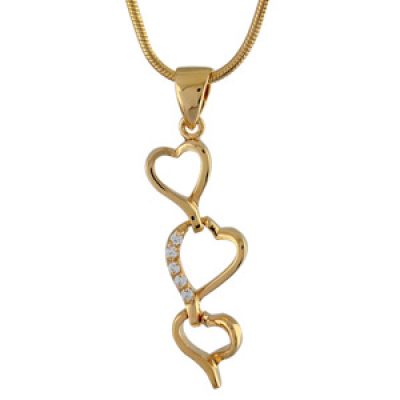 Collier en plaqué or chaîne avec pendentif 3 coeurs en chute dont 1orné d'oxydes blancssur une partie - longueur 42cm