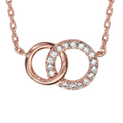 Collier en plaqué or rose chaîne avec pendentif 2 anneaux de taille différente emmaillés