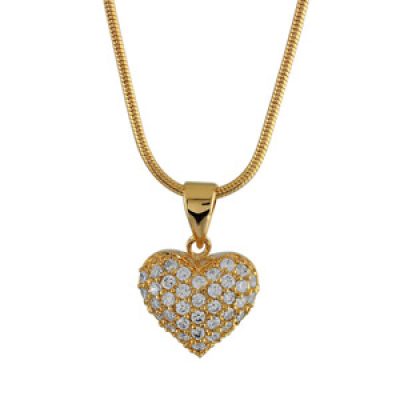 Collier en plaqué or chaîne avec pendentif coeur avec recto pavé d'oxydes blancs et verso en arabesques