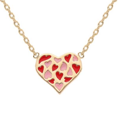 Collier en plaqué or chaîne avec pendentif coeur rose et rouge 37+5cm