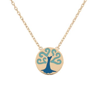 Collier en plaqué or chaîne avec pendentif rond motif arbre de vie bleu 38+4cm