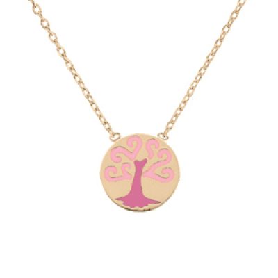 Collier en plaqué or chaîne avec pendentif rond motif arbre de vie rose 38+4cm