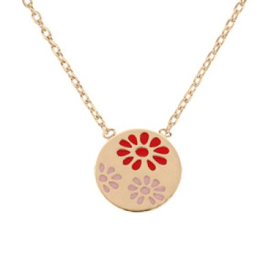 Collier en plaqué or chaîne avec pendentif rond motif fleur rouge et rose 37